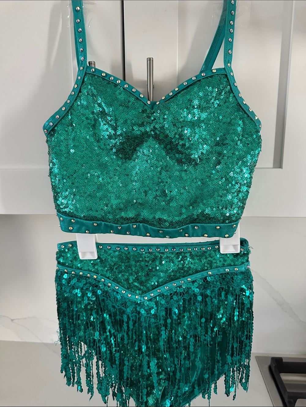 Weissman Emerald Sequin Crop Top & Fringe dance Halloween costume. Sozr youth L
